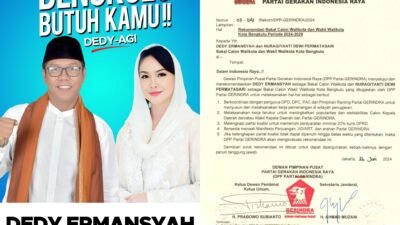 Setelah NasDem, Dedy – Agi Kantongi Rekom Gerindra Maju Pilwakot Bengkulu, Bakal Disusul Golkar, Demokrat, Perindo dan PPP